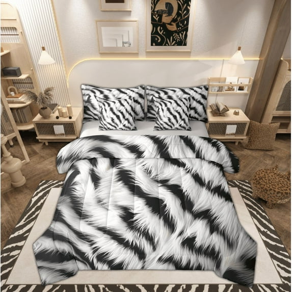 Feelyou Chic Tiger Print Twin Bedding Sets 7-Piece, White Black Bedding Comforter Set, Modern Fashion Geometric Reversible Sheet Sets, Luxury Bedroom Decor