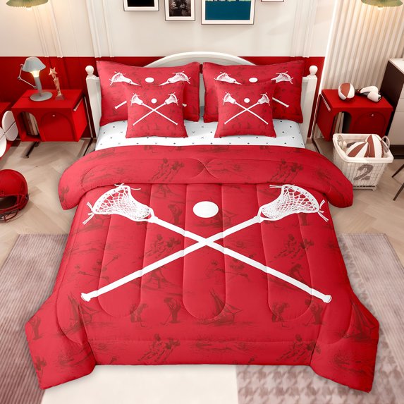 Feelyou Child American Lacrosse Bedding Comforter Set 7 Pieces, Ball Sports Gaming Full Bedding Set, Red Cartoon Theme Reversible Fitted Sheet Flat Sheet, Microfiber Bedroom Decor