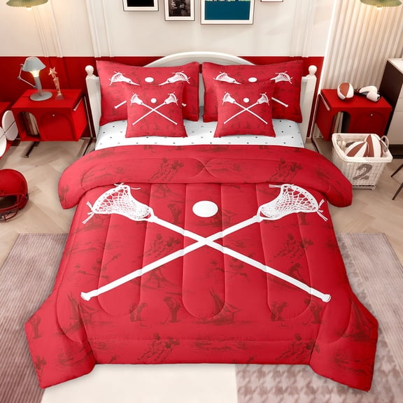 Feelyou Child American Lacrosse Bedding Comforter Set 7 Pieces, Ball Sports Gaming Full Bedding Set, Red Cartoon Theme Reversible Fitted Sheet Flat Sheet, Microfiber Bedroom Decor