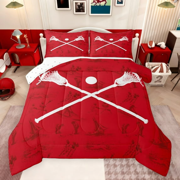 Feelyou Child American Lacrosse Bedding Comforter Set, Ball Sports Gaming Twin Comforter Sets, Red Cartoon Theme Reversible Bedding Set, Microfiber Bedroom Decor, 2 Pieces
