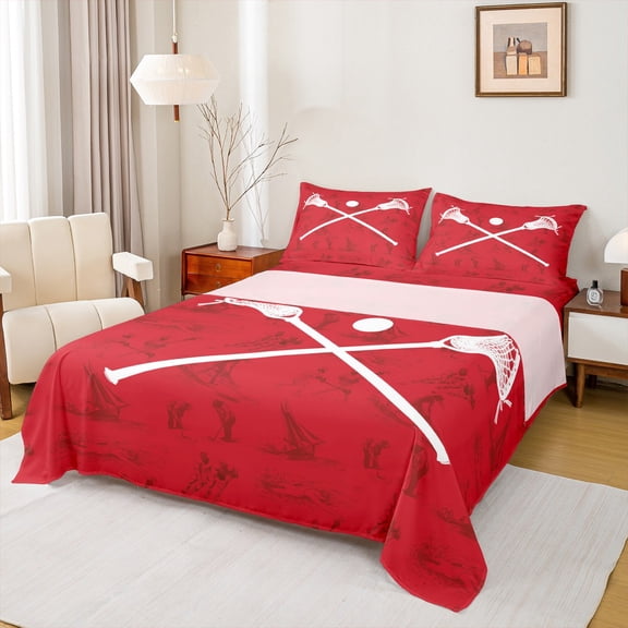Feelyou Child American Lacrosse Twin Sheet Sets, Ball Sports Gaming Twin Fitted Sheet, Red Cartoon Theme Flat Sheet, Microfiber Bedroom Decor, 3 Pieces