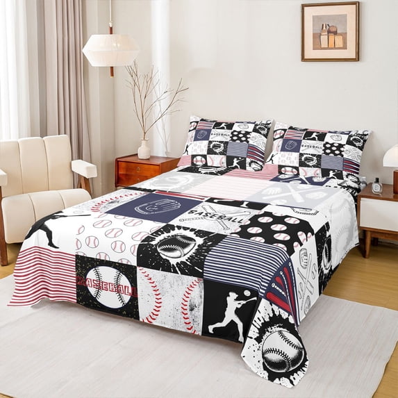 Feelyou Child Baseball Lover Queen Sheet Sets, Cartoon Sports Theme Bed Set, 4 Pieces