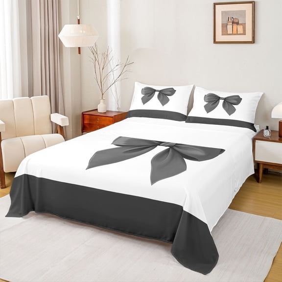 Feelyou Child Black Bow-tie Twin Sheet Sets, Cartoon Dreamy Bowknot Twin Fitted Sheet, Cute Princess Ribbon Flat Sheet, Microfiber Bedroom Decor, 3 Pieces