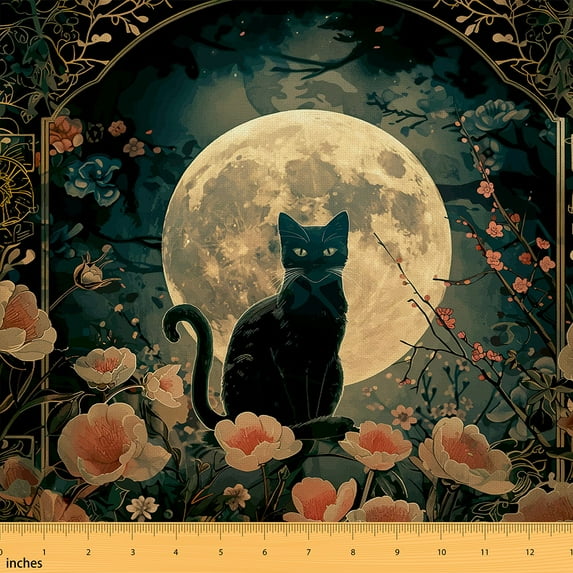 Feelyou Child Black Cat Fabric by the Yard 5 Yards, Vintage Boho Flower Floral Room Decor Fabric by the Yard, Gothic Castle Halloween Fabric for Sewing, Luxury Bedroom Decor