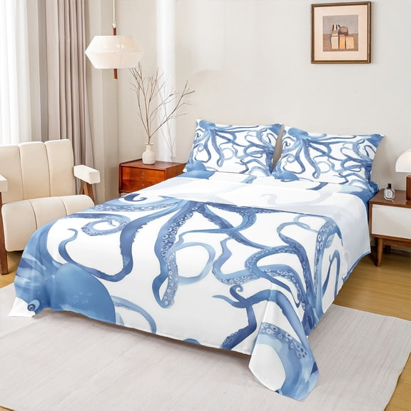 Feelyou Child Blue Octopus Queen Sheet Sets, Watercolor Animal Flat Sheet, Kawaii Sealife Theme Queen Fitted Sheet, Ultra Soft Bedroom Decor, 4pcs