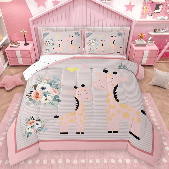 Feelyou Child Cartoon Giraffe Twin Comforter Set, Rustic Flower Floral Bedding