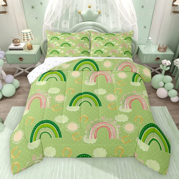 Feelyou Child Cartoon Rainbow Full Size Comforter Sets, Cloud Sun Green Bedding Sets, 3pcs