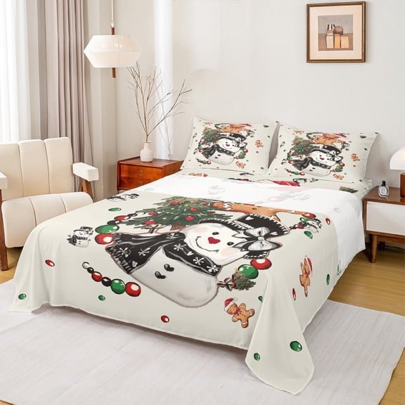 Feelyou Child Christmas Snowman Bed Sheets, Kawaii Gingerbread Man King Sheets, Retro Xmas Tree Sheet Set, Lightweight Room Decor, 4 Pieces
