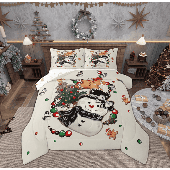 Feelyou Child Christmas Snowman Bedding Comforter Set, Kawaii Gingerbread Man Twin Comforter Sets, Retro Xmas Tree Reversible Bedding Set, Lightweight Room Decor, 2 Pieces