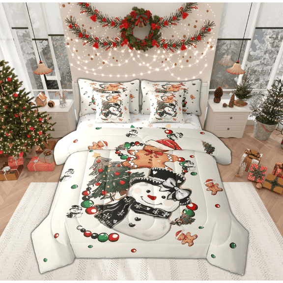 Feelyou Child Christmas Snowman Twin Bedding Sets 7-Piece, Kawaii Gingerbread Man Bedding Comforter Set, Retro Xmas Tree Reversible Sheet Sets, Lightweight Room Decor