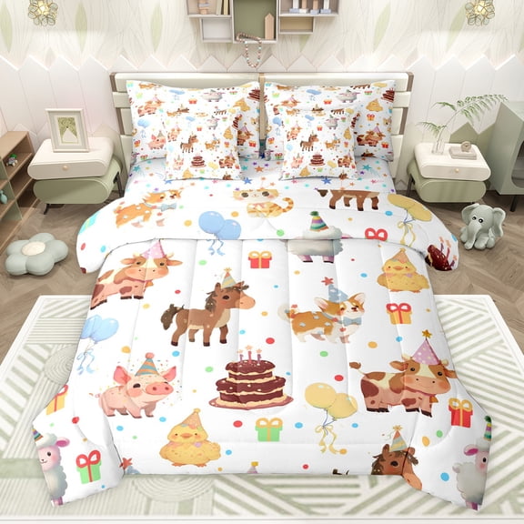Feelyou Child Happy Birthday Bedding Comforter Set 7 Pieces, Kawaii Sheep Cat Horse Full Bedding Set, Kawaii Animal Party Reversible Fitted Sheet Flat Sheet, Breathable Home Decor