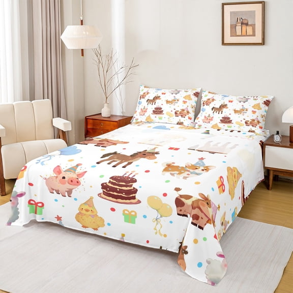 Feelyou Child Happy Birthday Full Size Sheets, Kawaii Sheep Cat Horse Bed Sheets, Kawaii Animal Party Sheet Sets, Breathable Home Decor, 4-Piece