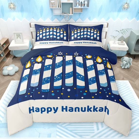 Feelyou Child Happy Hanukkah Full Size Comforter Sets, Cartoon David Star Bedding Comforter Set, Western Farmhouse Holiday Reversible Bedding Sets, Ultra Soft Bedroom Decor, 3 Pieces