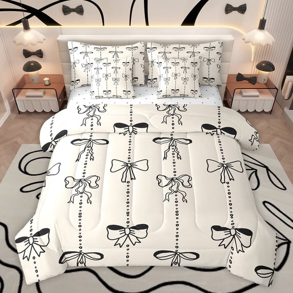 Feelyou Child Kawaii Bow-tie Bedding Comforter Set 7pcs, Bowknot Ribbon Stripes Queen Bedding Sets, Cartoon Princess Style Reversible Queen Sheet Sets, Super Cozy Room Decor