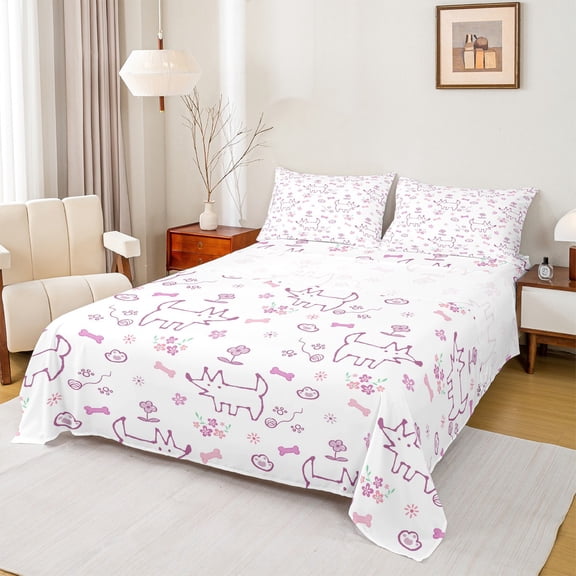 Feelyou Child Kawaii Dog Twin Sheet Sets, Flower Floral Plant Twin Fitted Sheet, Cartoon Dalmatian Animal Flat Sheet, Microfiber Bedroom Decor, 3-Piece