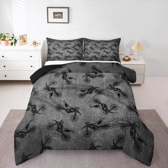 Feelyou Child Modern Motorcycle Bedding Comforter Set, Extreme Speed Sports Twin Comforter Sets, Dirt Bike Lover Reversible Bedding Set, Breathable Home Decor, 2 Pieces