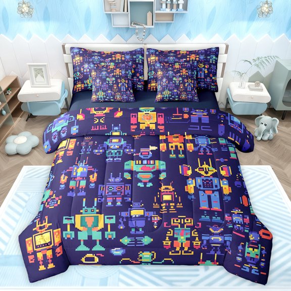 Feelyou Child Purple Robot Twin Bedding Sets 7-Piece, Cartoon Theme Bedding Comforter Set