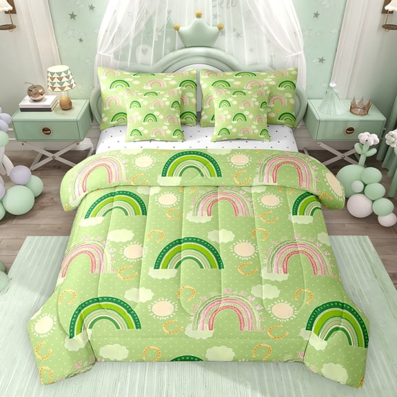 Feelyou Child Rainbow Bedding Comforter Set 7pcs, Cloud Sun Green King Bedding Sets