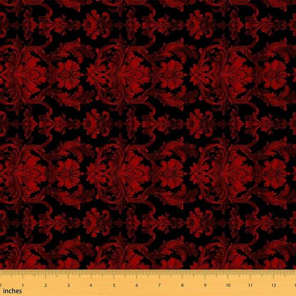 Feelyou Child Red Damask Fabric by the Yard 1 Yard, Boho Flower Print Home Decor Fabric by the Yard, Vintage Western Sewing Fabric, Microfiber Bedroom Decor