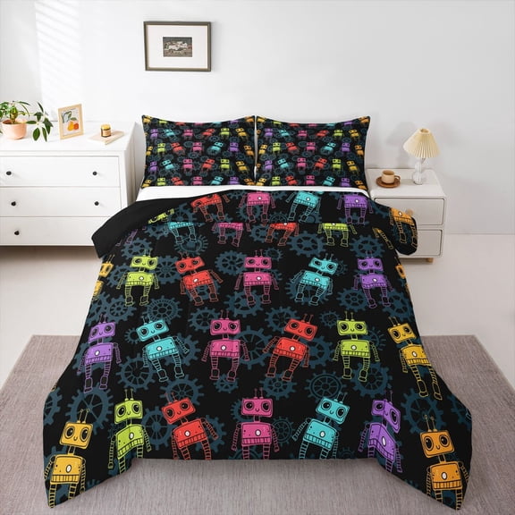 Feelyou Child Robot Queen Comforter Set, Black Cartoon Bedding Comforter Set, 3 Pieces