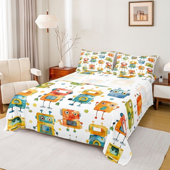 Feelyou Child Robot Twin Sheet Sets, Watercolor Polkadot Bedding, 3 Pieces
