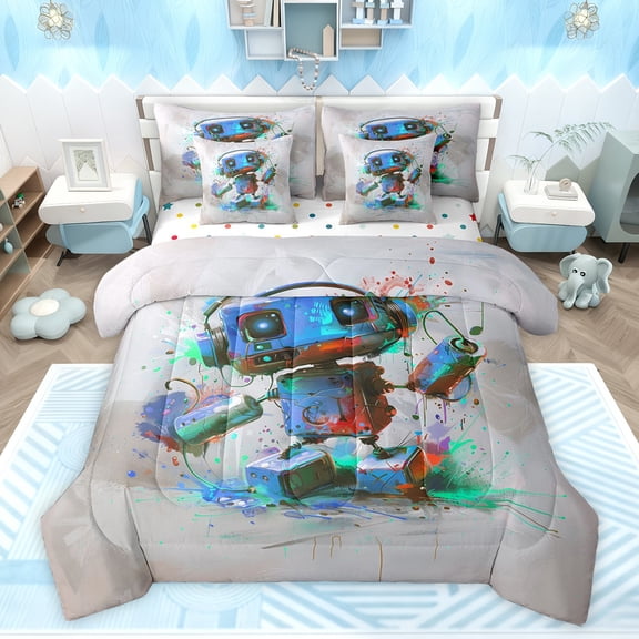 Feelyou Child Splash Robot Bedding Comforter Set 7pcs, Art Watercolor King Bedding Sets