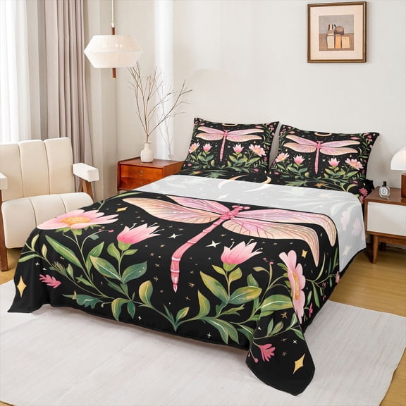 Feelyou Child Tribal Dragonfly Twin Sheet Sets, Rustic Floral Plant Bedding, 3pcs