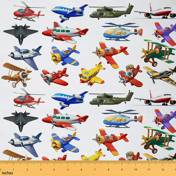 Feelyou Child Vintage Helicopter Fabric by the Yard 1 Yard, Military Jet Sewing Fabric, Cartoon Plant Theme Home Decor Fabric by the Yard, Breathable Home Decor