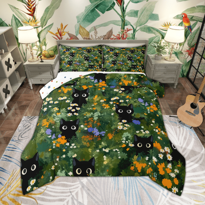Floral Colorful Cats 3-Piece Quilted Bedding Set NCU0PD432