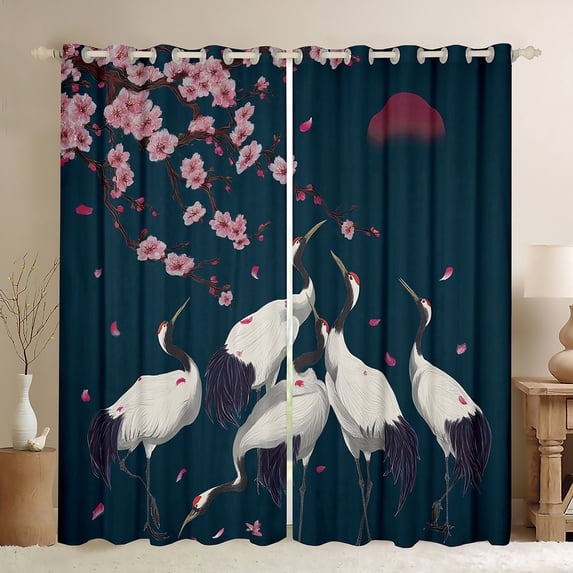 Feelyou Chinese Crane Animal Black Out Curtains, Tokyo Cherry Blossoms Curtains Pack of 2 (42x63 Each), Japanese Artwork Style Bedroom Curtains, Blackout Curtains Room Decor