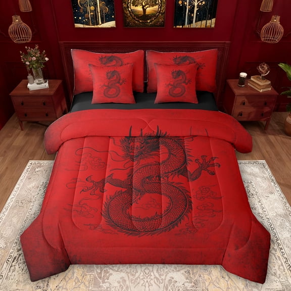 Feelyou Chinese Dragon Print Bedding Comforter Set 7pcs, Red Graffiti King Bedding Sets