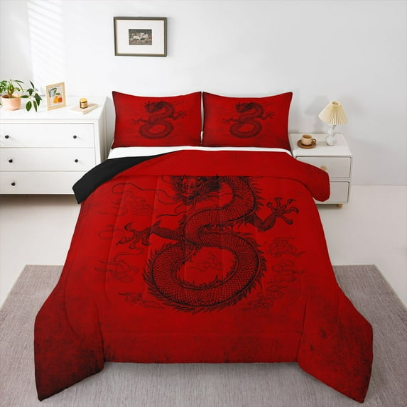 Feelyou Chinese Dragon Print Twin Comforter Sets, Red Graffiti Bedding Set, 2-Piece