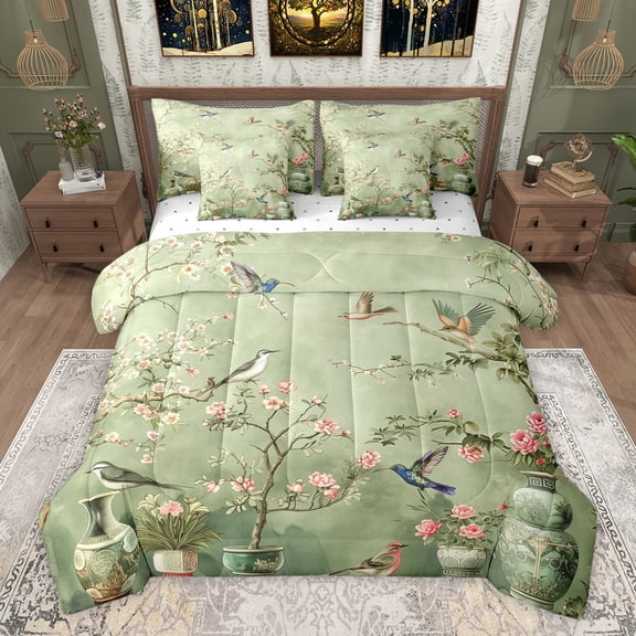 Feelyou Chinese Floral Bird Bedding Comforter Set 7pcs, Spring Flower Botanical King Bedding Sets, Teens Women Girls Reversible Bed Sheets, Luxury Bedroom Decor