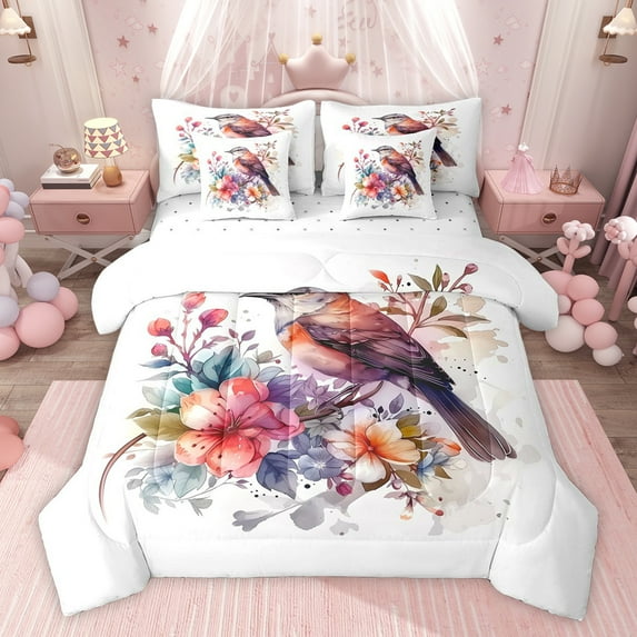 Feelyou Chinese Flower Bird Bedding Comforter Set 7pcs, Modern Fashion King Bedding Sets, Artwork Watercolor Reversible Bed Sheets, Breathable Home Decor