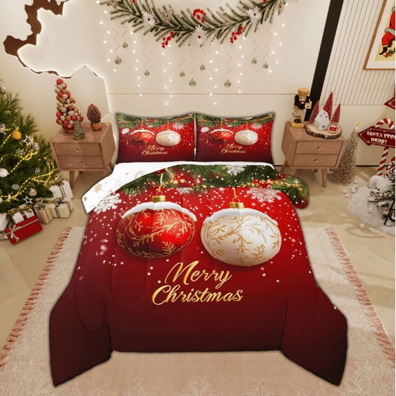 Feelyou Christmas 01 for Teens, Red White Xmas Ball Twin Comforter Sets, Winter Snowflake Reversible Bedding Set, Microfiber Bedroom Decor, 2pcs