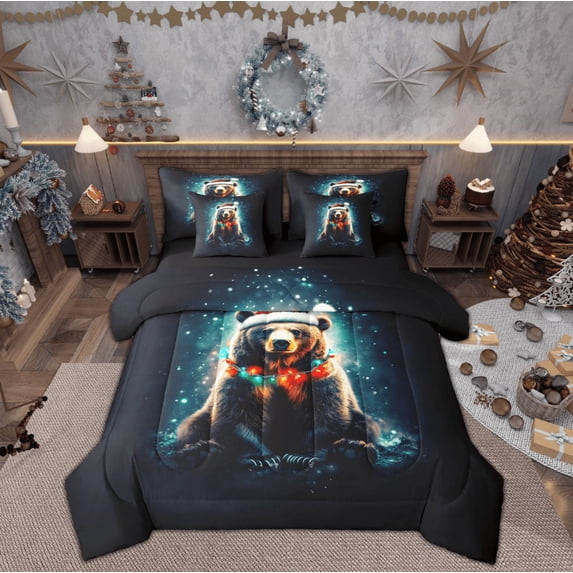 Feelyou Christmas Bear Child Bedding Comforter Set 7 Pieces, 3D Jungle Animal Full Bedding Set, Glitter Stars Print Reversible Fitted Sheet Flat Sheet, Super Cozy Room Decor