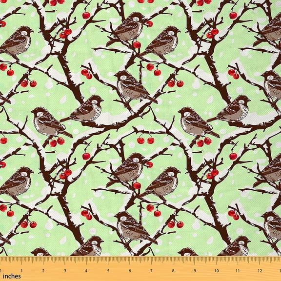 Feelyou Christmas Bird Fabric by the Yard 1 Yard, Winter Snow Tree Sewing Fabric, Kawaii Cartoon Animal Home Decor Fabric by the Yard, Ultra Soft Home Decor