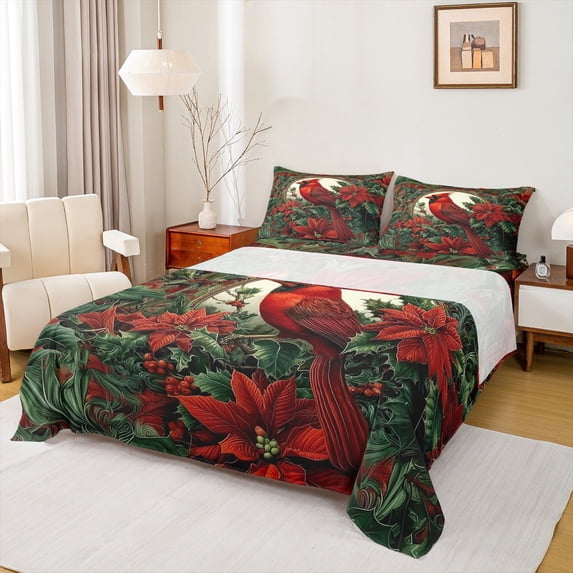 Feelyou Christmas Bird Robin Twin Sheet Sets for Kid, Flower Plant Twin Fitted Sheet, Dreamy Fairy Tale Flat Sheet, Super Cozy Room Decor, 3 Pieces