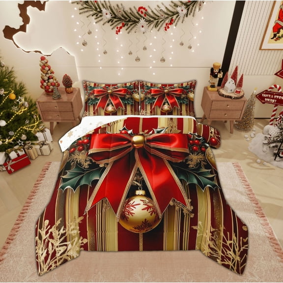 Feelyou Christmas Bowknot Full Size Comforter Sets, Red Gold Ball Bedding Comforter Set, Geometric Stripes Reversible Bedding Sets, Super Cozy Room Decor,3 Pieces