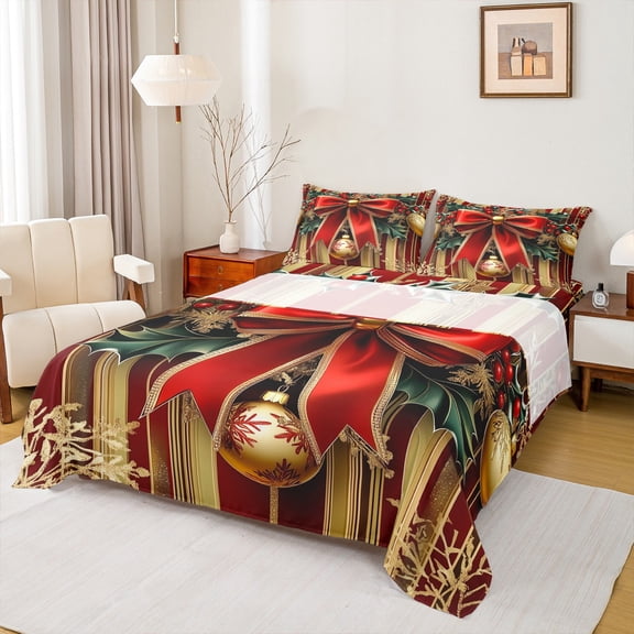 Feelyou Christmas Bowknot Twin Sheet Sets, Red Gold Ball Twin Fitted Sheet, Geometric Stripes Flat Sheet, Super Cozy Room Decor,3 Pieces