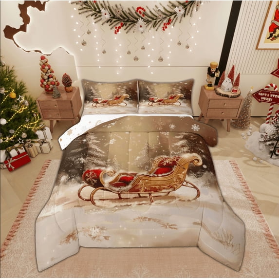 Feelyou Christmas Carriage 01, Xmas Santa Claus Twin Comforter Sets, Tree Snowflake Reversible Bedding Set, Super Cozy Room Decor,2 Pieces