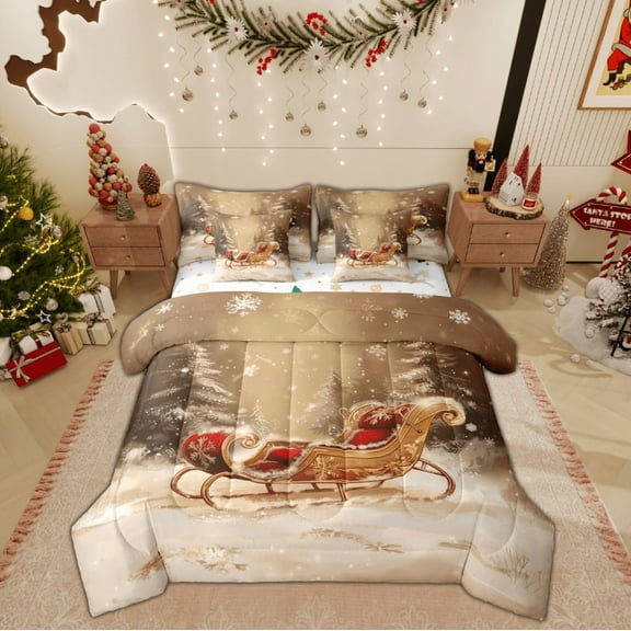 Feelyou Christmas Carriage Twin Bedding Sets 7-Piece, Xmas Santa Claus Bedding Comforter Set, Tree Snowflake Reversible Sheet Sets, Super Cozy Room Decor