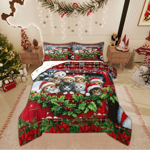Feelyou Christmas Cart Kitten Full Size Comforter Sets, Winter Poinsettia Floral Bedding Comforter Set, Kawaii Animal Reversible Bedding Sets, Luxury Bedroom Decor, 3 Pieces