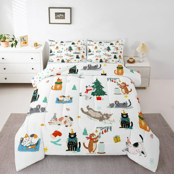 Feelyou Christmas Cat Print Full Size Comforter Sets for Teen, Kawaii Cartoon Kitten Bedding Comforter Set, Cute Animal Reversible Bedding Sets, Lightweight Room Decor, 3 Pieces