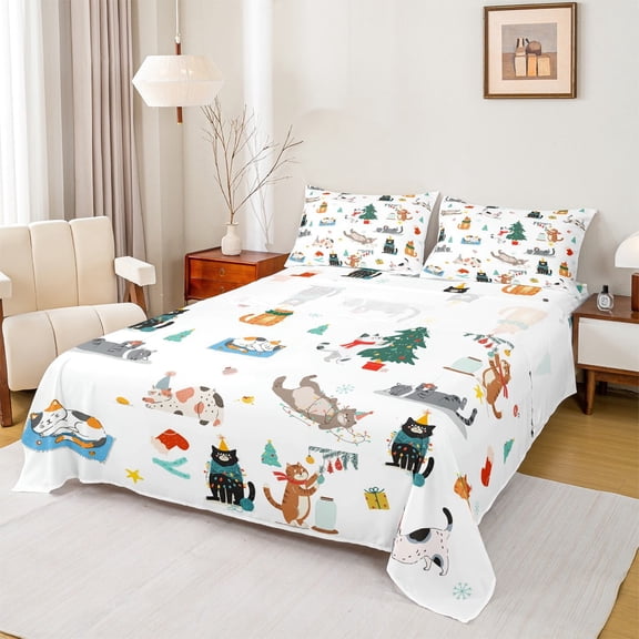 Feelyou Christmas Cat Print Queen Sheet Sets for Teen, Kawaii Cartoon Kitten Flat Sheet, Cute Animal Queen Fitted Sheet, Lightweight Room Decor, 4 Pieces