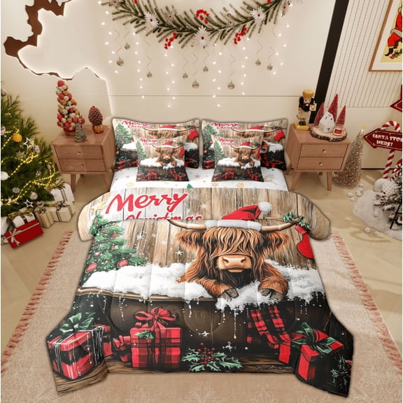 Feelyou Christmas Cow Bedding Comforter Set 7pcs, Rustic Farmhouse Animal Queen Bedding Sets, Xmas Tree Gifts Reversible Queen Sheet Sets, Super Cozy Room Decor