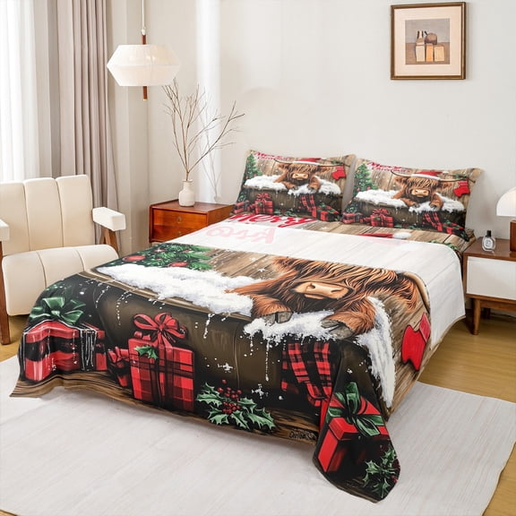 Feelyou Christmas Cow Full Size Sheets, Rustic Farmhouse Animal Bed Sheets, Xmas Tree Gifts Sheet Sets, Super Cozy Room Decor,4-Piece