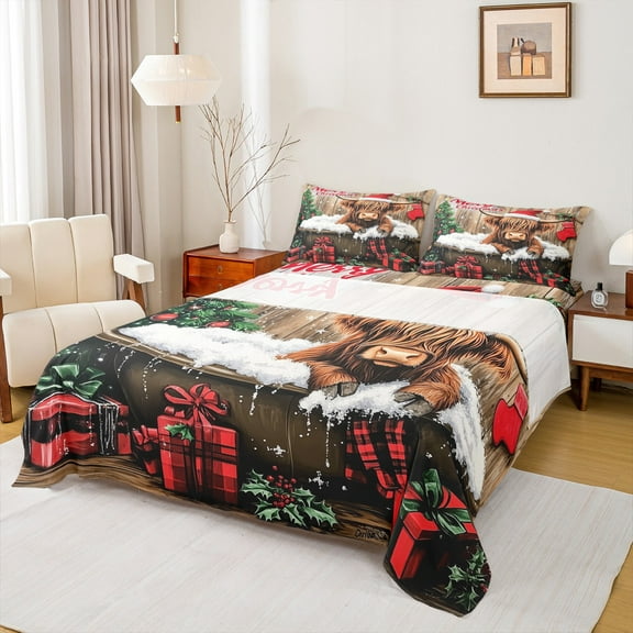 Feelyou Christmas Cow Twin Sheet Sets, Rustic Farmhouse Animal Twin Fitted Sheet, Xmas Tree Gifts Flat Sheet, Super Cozy Room Decor,3-Piece