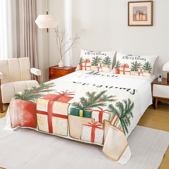 Feelyou Christmas Gift Queen Sheet Sets, Cartoon Xmas Tree Flat Sheet, Teens Kids Boys Girls Queen Fitted Sheet, Microfiber Bedroom Decor, 4pcs