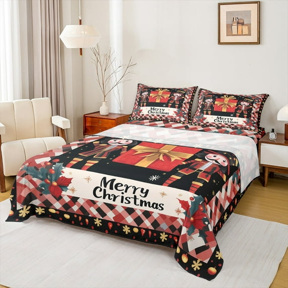 Feelyou Christmas Gifts Full Size Sheets for Kid, Royal Guarder Nutcracker Bed Sheets, Winter Flower Plant Sheet Sets, Super Cozy Room Decor, 4pcs